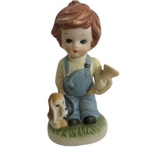 Ardco Ceramic Redhead Boy Holding a Trumpet with his Dog Figure Vintage Taiwan